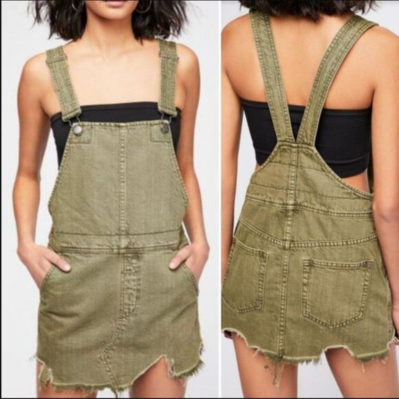 FREE PEOPLE “Torn Up” Denim Jumper Washed Olive Green Overalls Size 6 - Picture 1 of 12